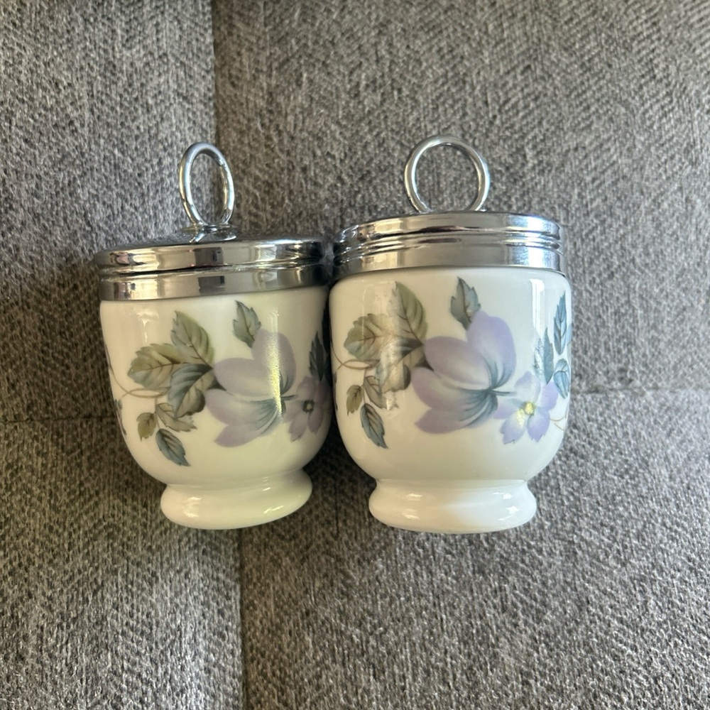 Royal Worcester England Pair of Porcelain Floral Egg Coddlers 2.1" x 2.5" tall